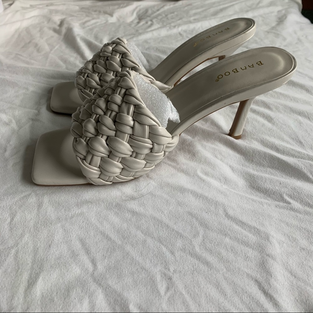 BAMBOO ivory braided square-toe silhouette heels